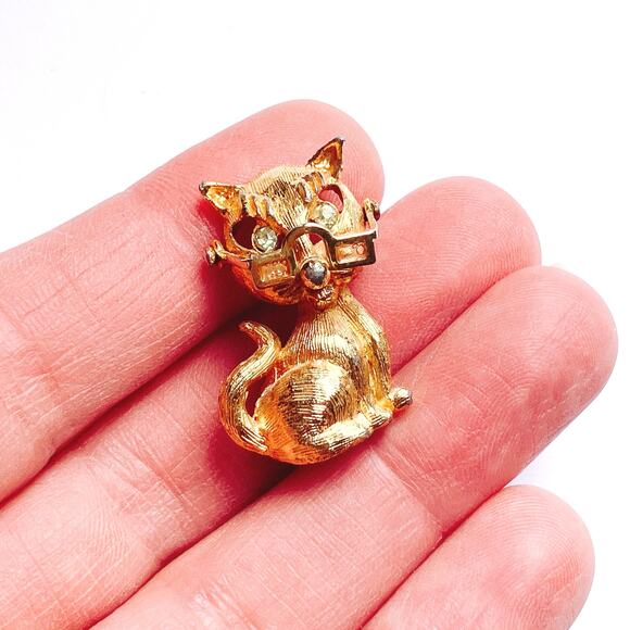 Unusual VTG 1960s Brooch Movable Glasses Cat Rhinestone Eyes Mid Century Pin - Picture 4 of 10
